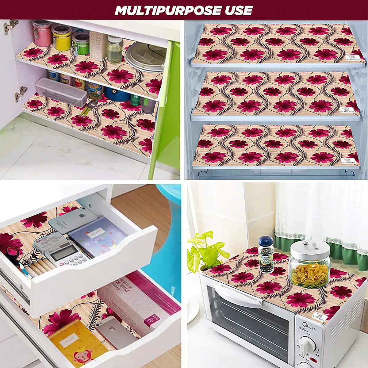 Set of 6 Pcs. Multipurpose Mats/Fridge Mats/Refrigerator Drawer Mats (Material-PP, Color- WINE GOLDEN FLOWER , Size-17.5X11.5 Inches) from G DECOR
