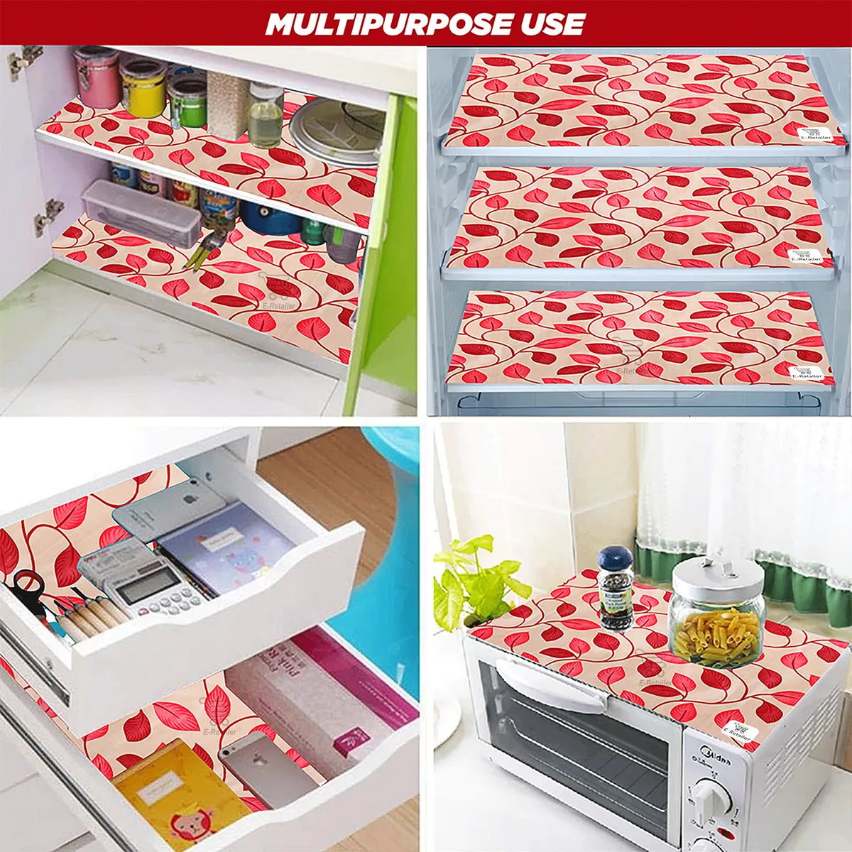 Set of 6 Pcs. Multipurpose Mats/Fridge Mats/Refrigerator Drawer Mats (Material-PP, Color- RED LEAF , Size-17.5X11.5 Inches) from G DECOR