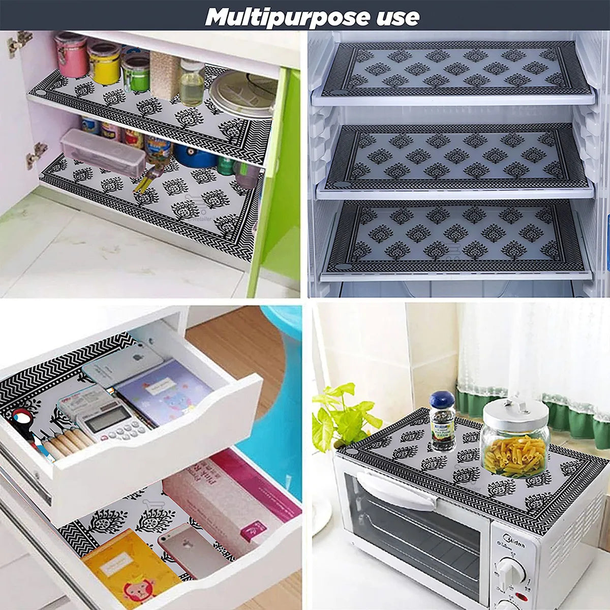 Set of 6 Pcs. Multipurpose Mats/Fridge Mats/Refrigerator Drawer Mats (Material-PP, Color- BLACK DAMAS  , Size-17.5X11.5 Inches) from G DECOR