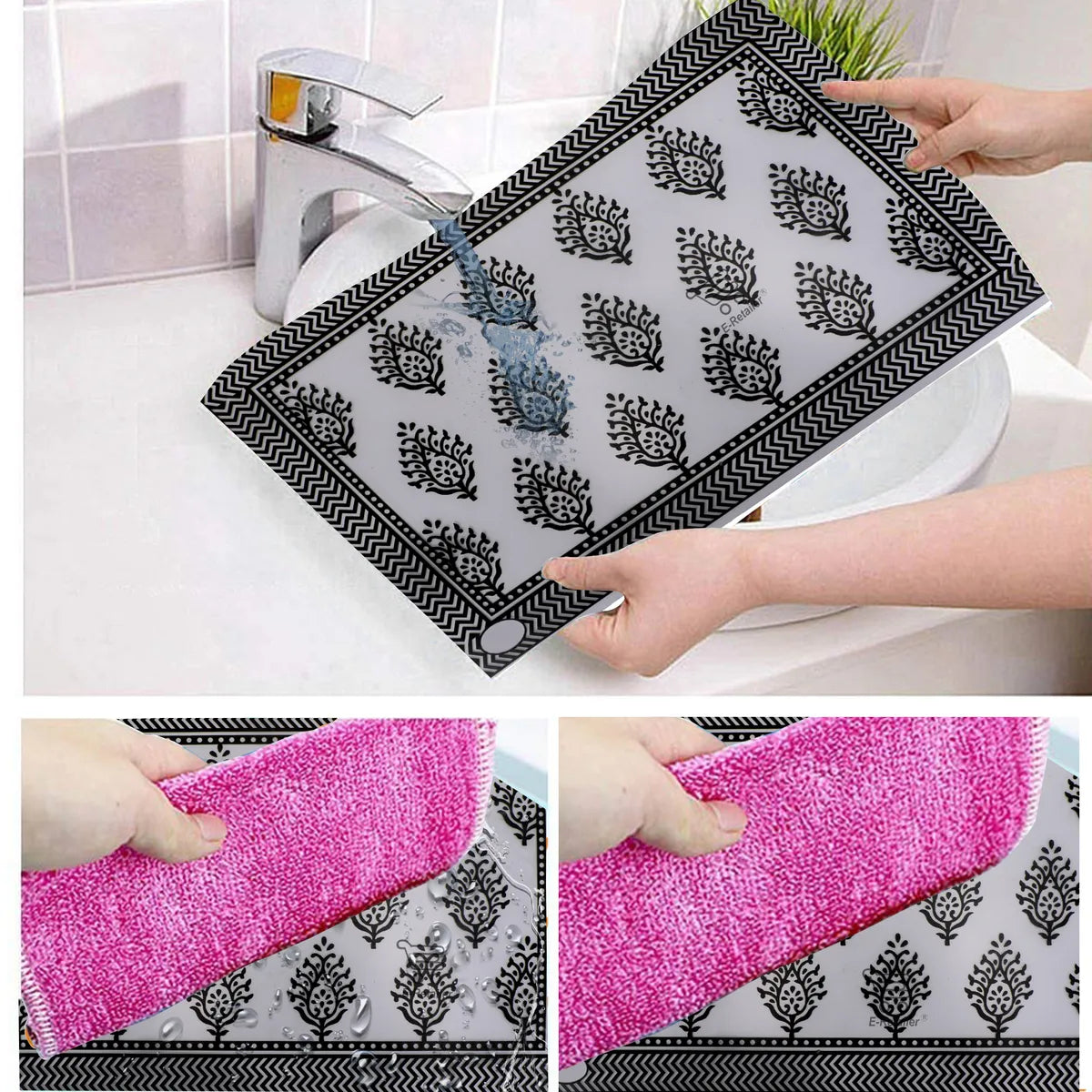 Set of 6 Pcs. Multipurpose Mats/Fridge Mats/Refrigerator Drawer Mats (Material-PP, Color- BLACK DAMAS  , Size-17.5X11.5 Inches) from G DECOR
