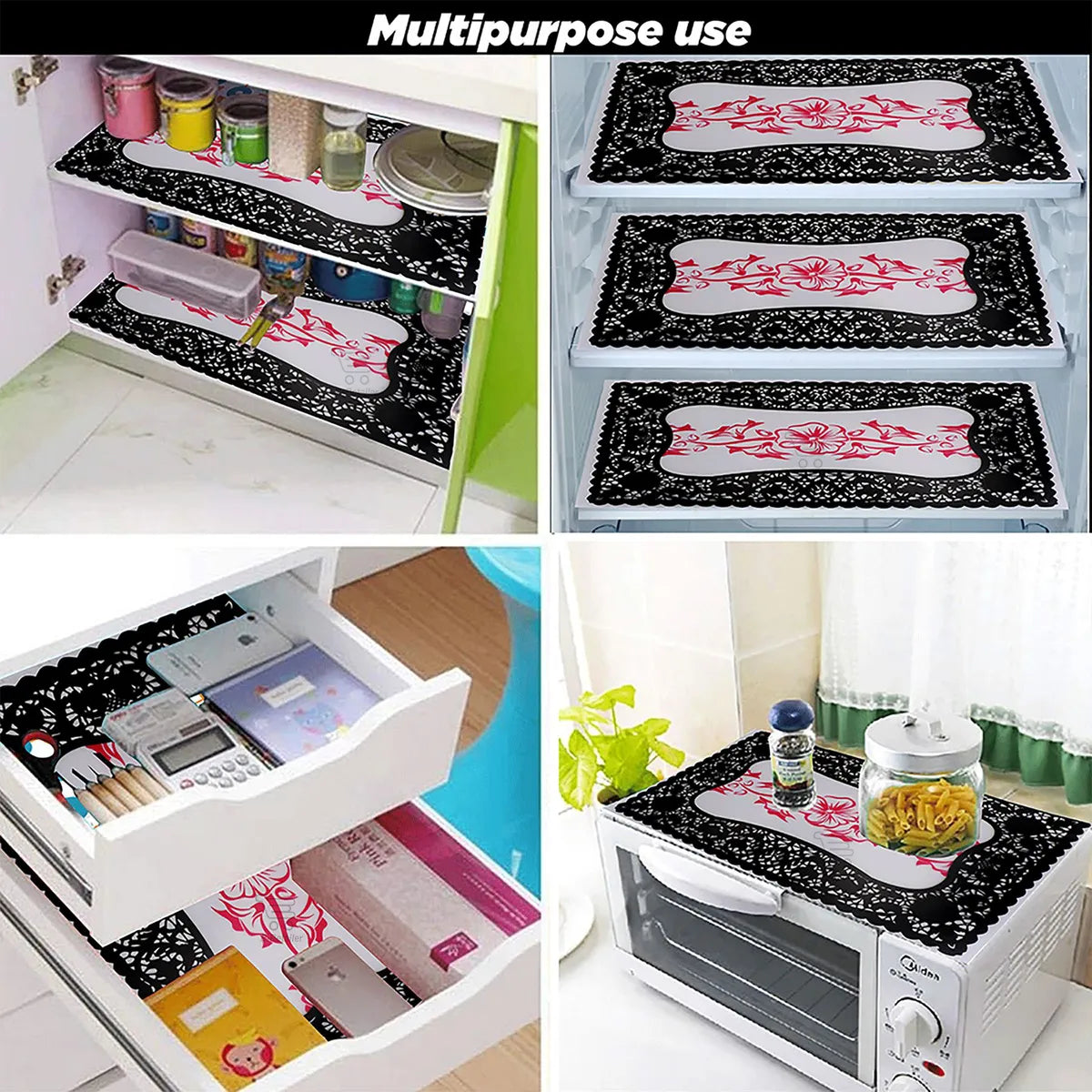 Set of 6 Pcs. Multipurpose Mats/Fridge Mats/Refrigerator Drawer Mats (Material-PP, Color- BLACK RED TABLE , Size-17.5X11.5 Inches) from G DECOR