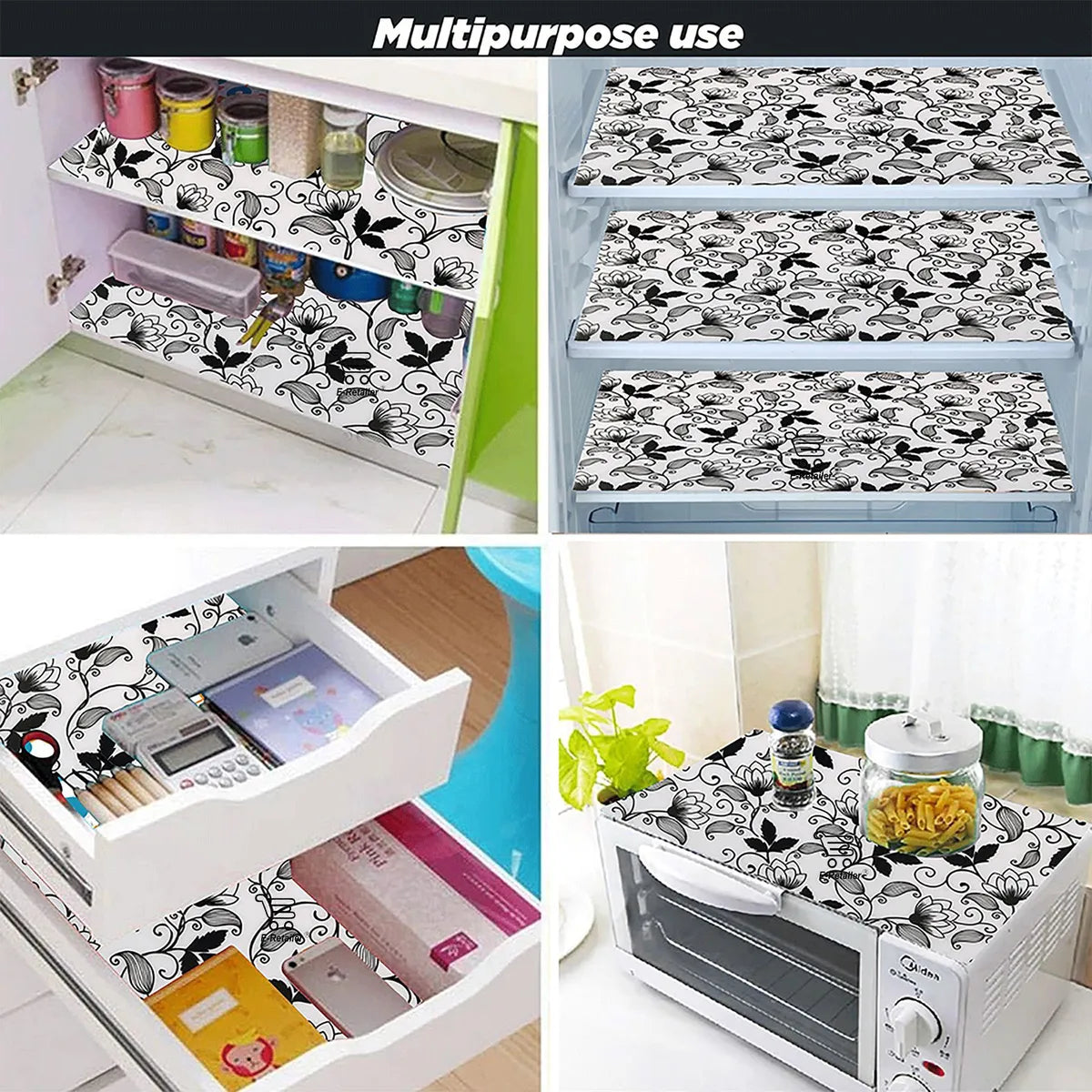Set of 6 Pcs. Multipurpose Mats/Fridge Mats/Refrigerator Drawer Mats (Material-PP, Color- BLACK AND GREY LEAF NEW, Size-17.5X11.5 Inches) from G DECOR