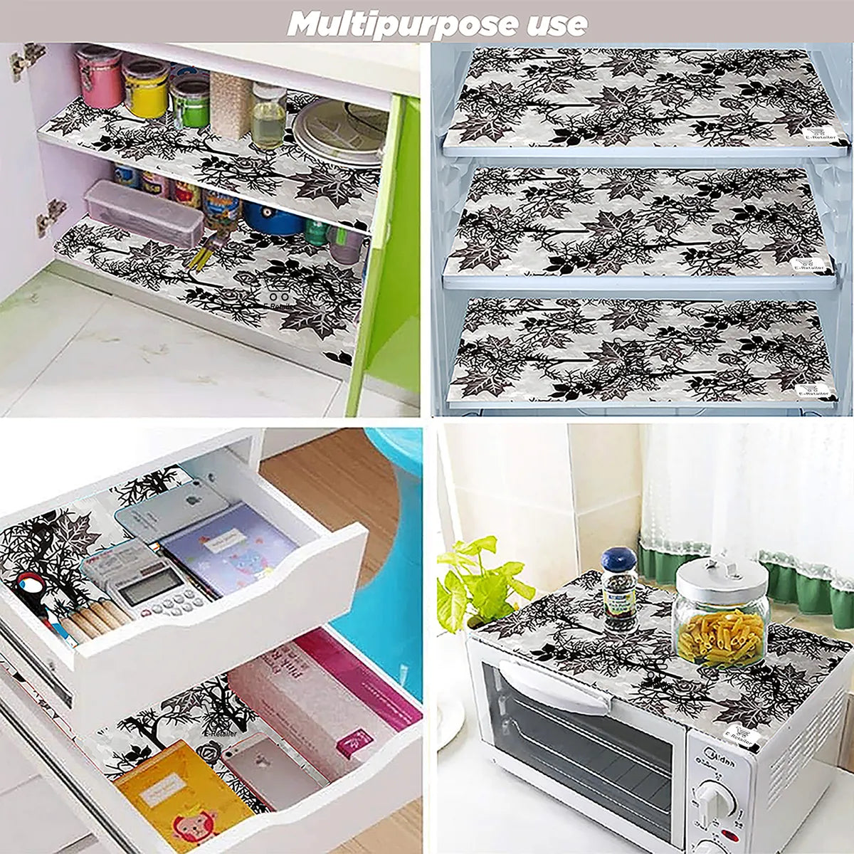 Set of 6 Pcs. Multipurpose Mats/Fridge Mats/Refrigerator Drawer Mats (Material-PP, Color- BLACK AND GREY LEAF, Size-17.5X11.5 Inches) from G DECOR