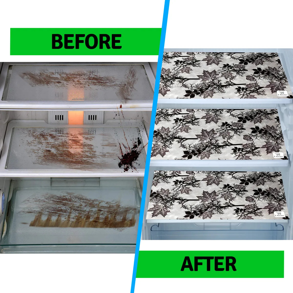 Set of 6 Pcs. Multipurpose Mats/Fridge Mats/Refrigerator Drawer Mats (Material-PP, Color- BLACK AND GREY LEAF, Size-17.5X11.5 Inches) from G DECOR