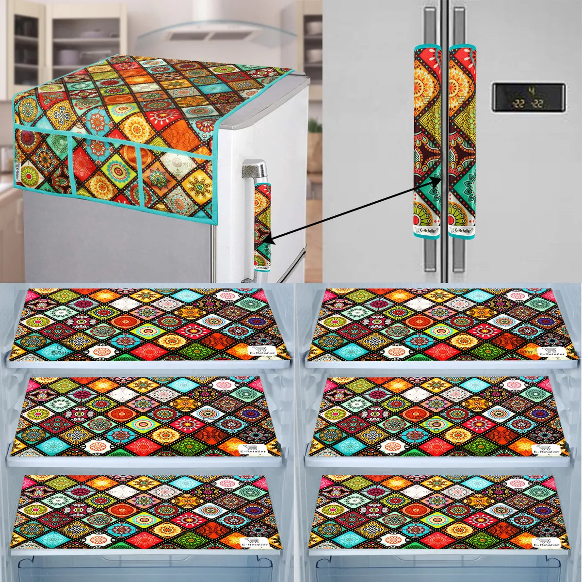 COMBO SET OFFER 115 (  FRIDGE TOP COVER 1 Piece + 6 PCS MUTIPURPOSE MAT +2PCS FRIDGE HANDLE COVER)